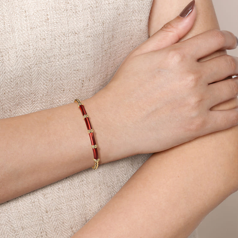 Enamel - 14K Yellow Gold Bujukan and Bar Split Bangle with Chrome Red Enamel - Shot 4