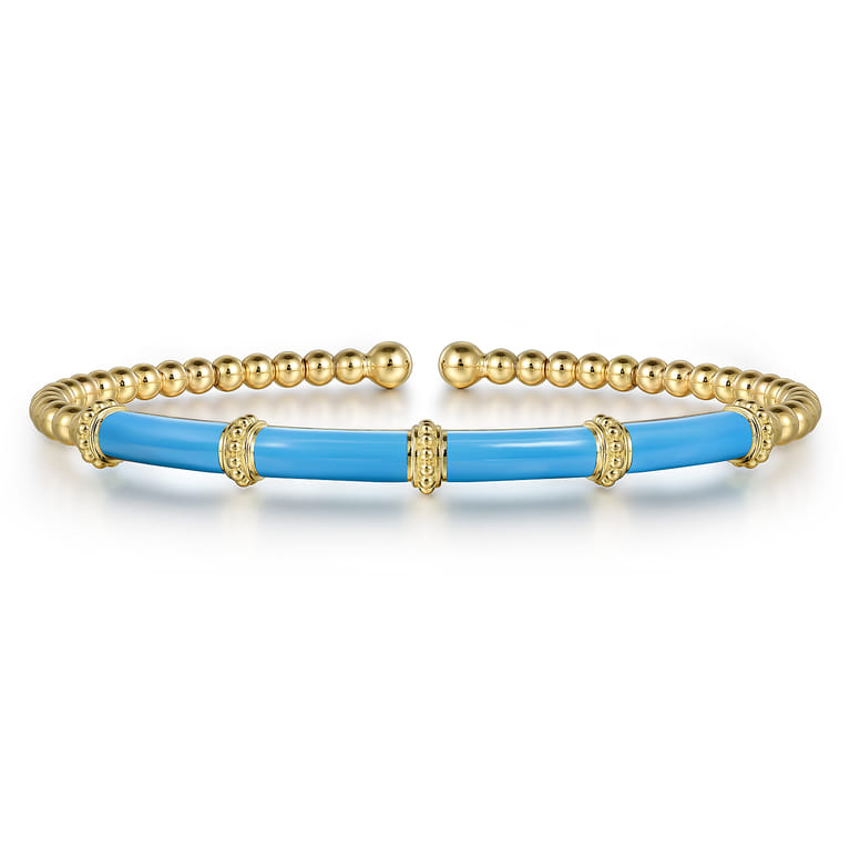 Enamel - 14K Yellow Gold Bujukan and Bar Split Bangle with Dusk Blue Enamel - Shot 1