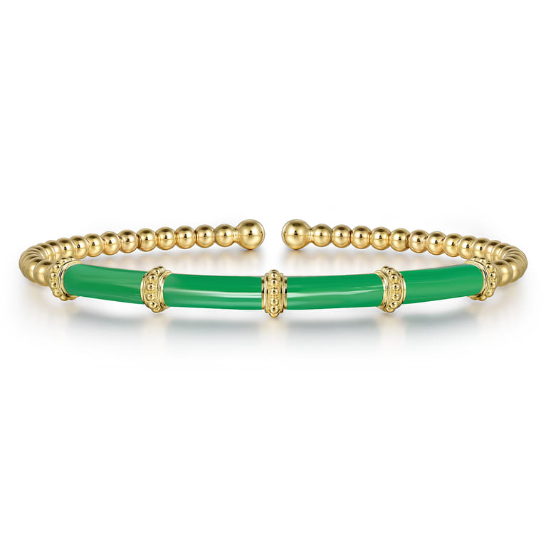 Enamel - 14K Yellow Gold Bujukan and Bar Split Bangle with Emerald Green Enamel - Shot 1