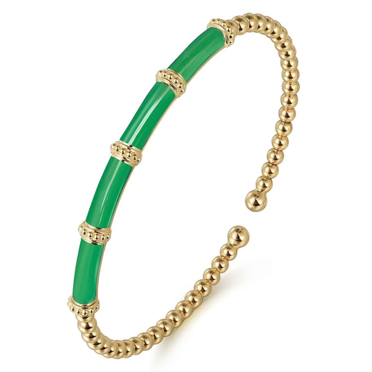 Enamel - 14K Yellow Gold Bujukan and Bar Split Bangle with Emerald Green Enamel - Shot 2