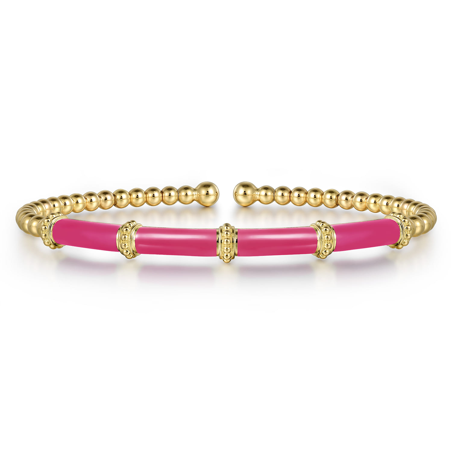 Enamel - 14K Yellow Gold Bujukan and Bar Split Bangle with Fuchsia Enamel - Shot 1