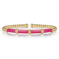 Enamel - 14K Yellow Gold Bujukan and Bar Split Bangle with Fuchsia Enamel