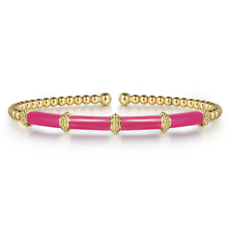 Enamel - 14K Yellow Gold Bujukan and Bar Split Bangle with Fuchsia Enamel - Shot 1