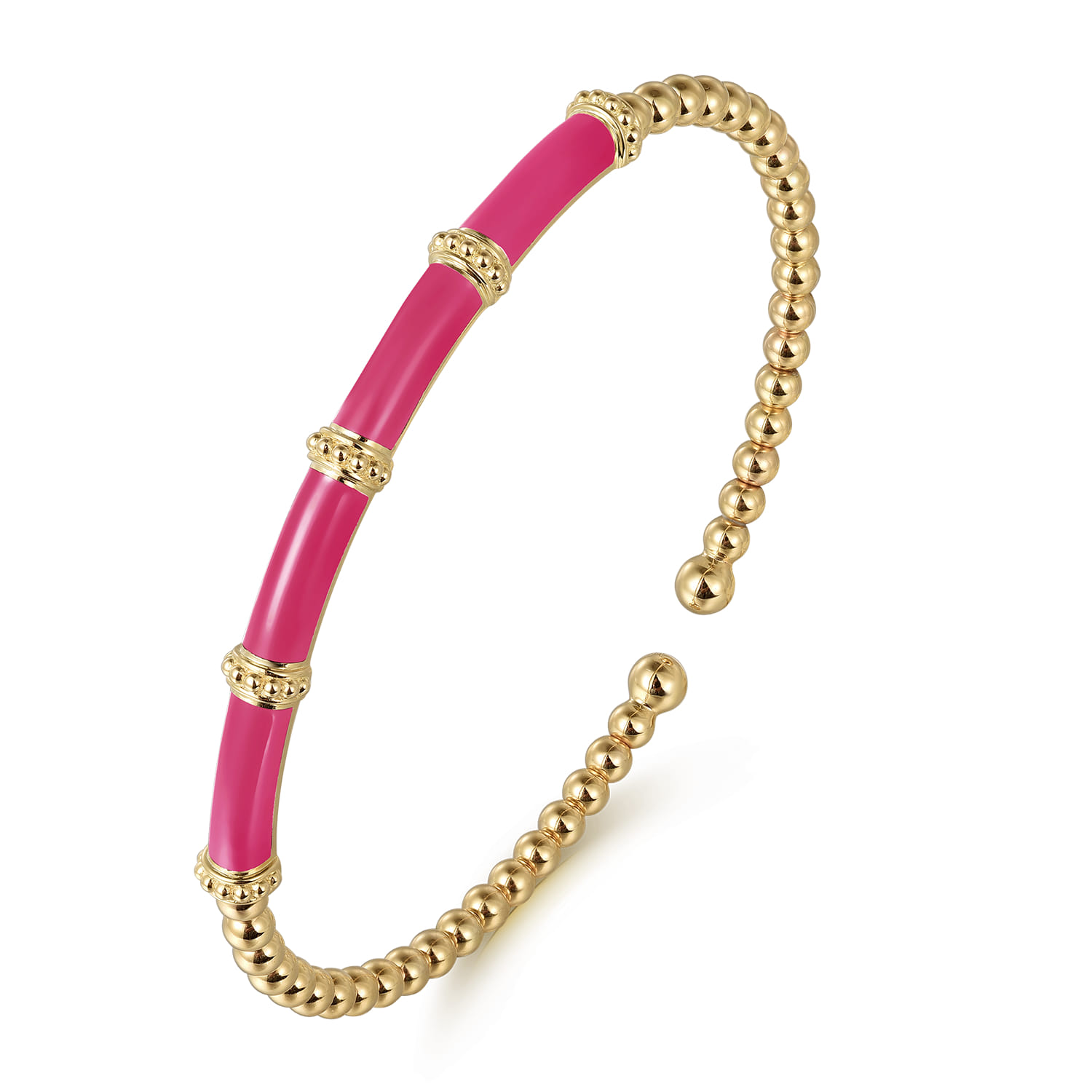 Enamel - 14K Yellow Gold Bujukan and Bar Split Bangle with Fuchsia Enamel - Shot 2