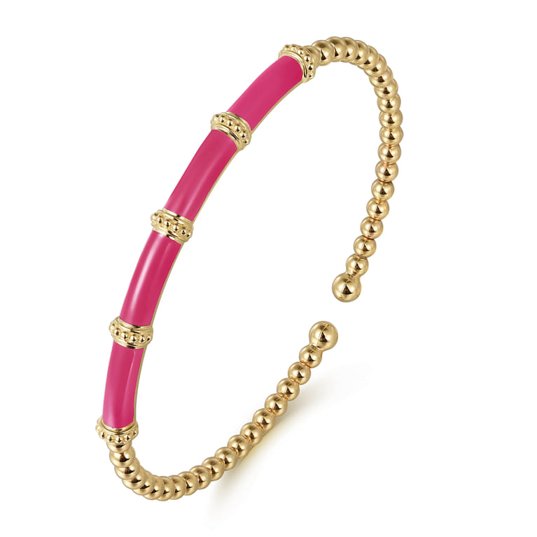 Enamel - 14K Yellow Gold Bujukan and Bar Split Bangle with Fuchsia Enamel - Shot 2