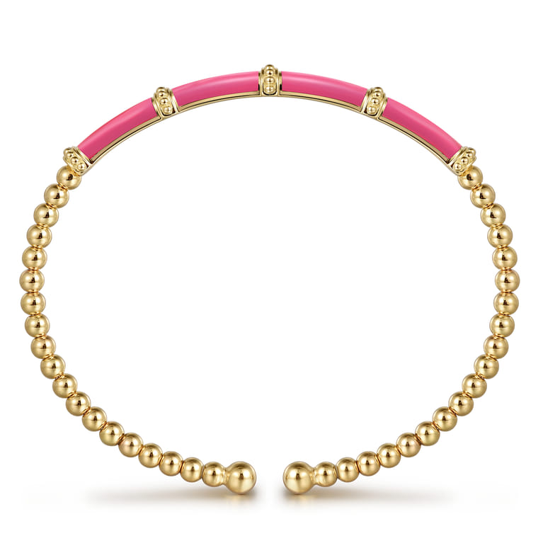 Enamel - 14K Yellow Gold Bujukan and Bar Split Bangle with Fuchsia Enamel - Shot 3