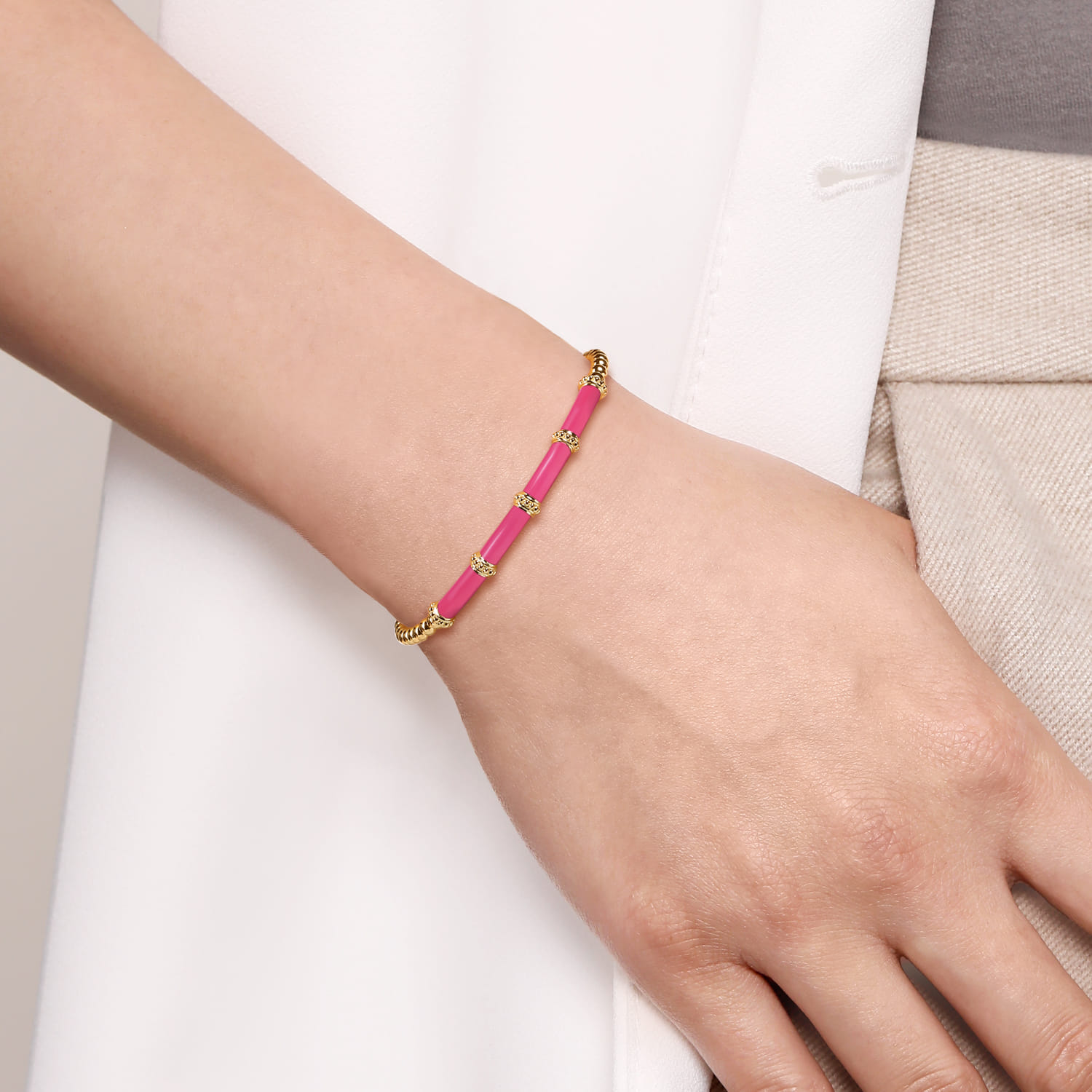 Enamel - 14K Yellow Gold Bujukan and Bar Split Bangle with Fuchsia Enamel - Shot 4