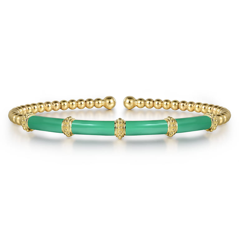 Enamel - 14K Yellow Gold Bujukan and Bar Split Bangle with Mint Green Enamel - Shot 1