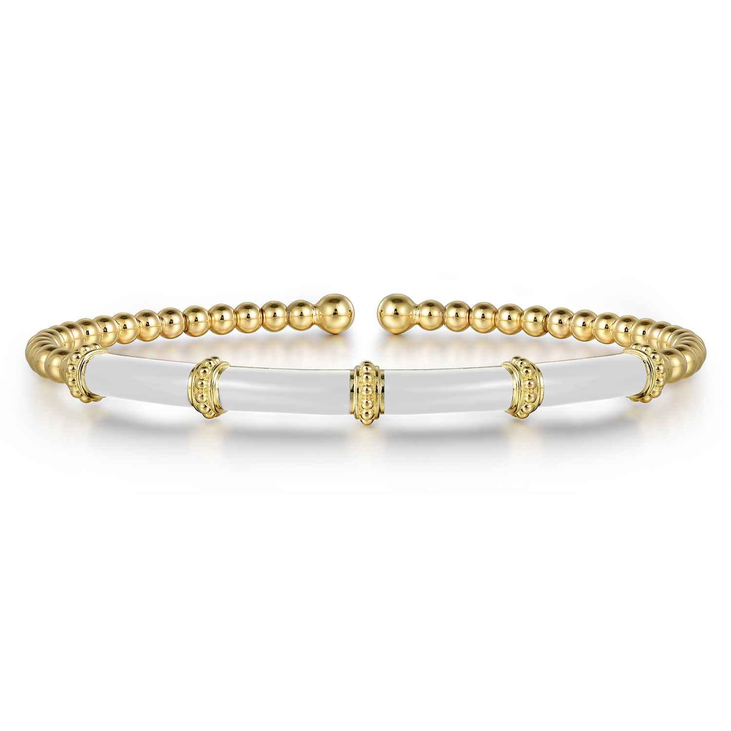 Enamel - 14K Yellow Gold Bujukan and Bar Split Bangle with White Enamel - Shot 1