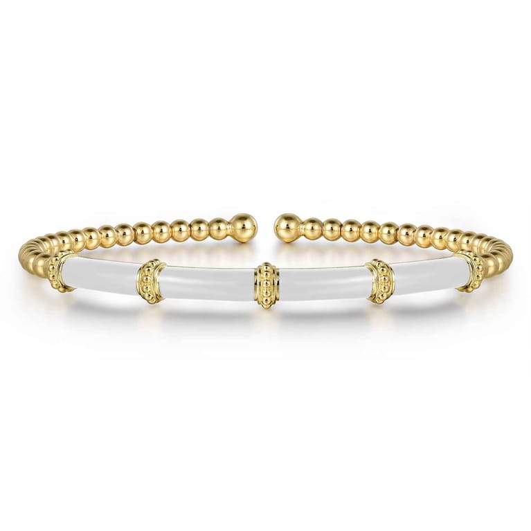 Enamel - 14K Yellow Gold Bujukan and Bar Split Bangle with White Enamel - Shot 1