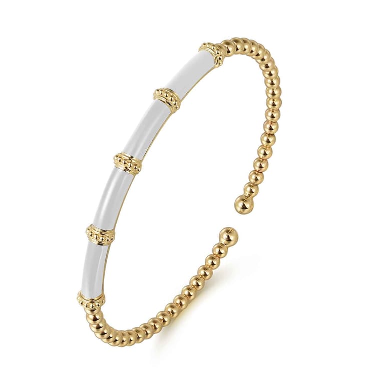 Enamel - 14K Yellow Gold Bujukan and Bar Split Bangle with White Enamel - Shot 2