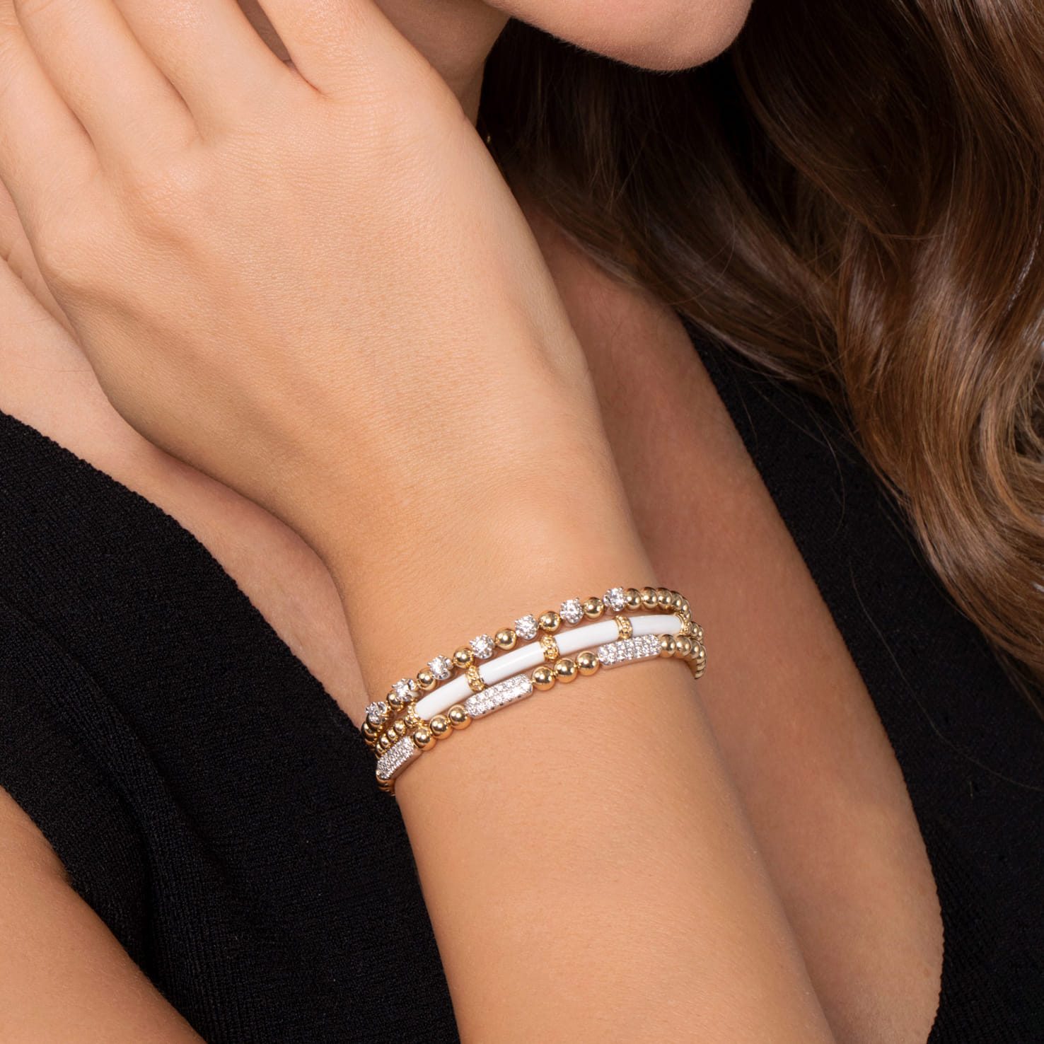 Enamel - 14K Yellow Gold Bujukan and Bar Split Bangle with White Enamel - Shot 4