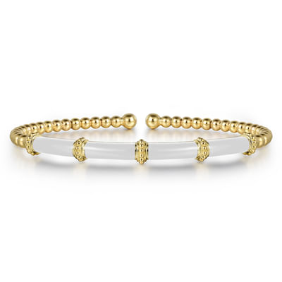 Enamel - 14K Yellow Gold Bujukan and Bar Split Bangle with White Enamel