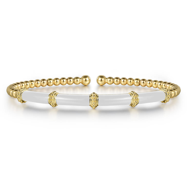 Enamel - 14K Yellow Gold Bujukan and Bar Split Bangle with White Enamel - Shot 1