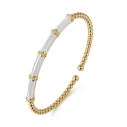 Enamel - 14K Yellow Gold Bujukan and Bar Split Bangle with White Enamel