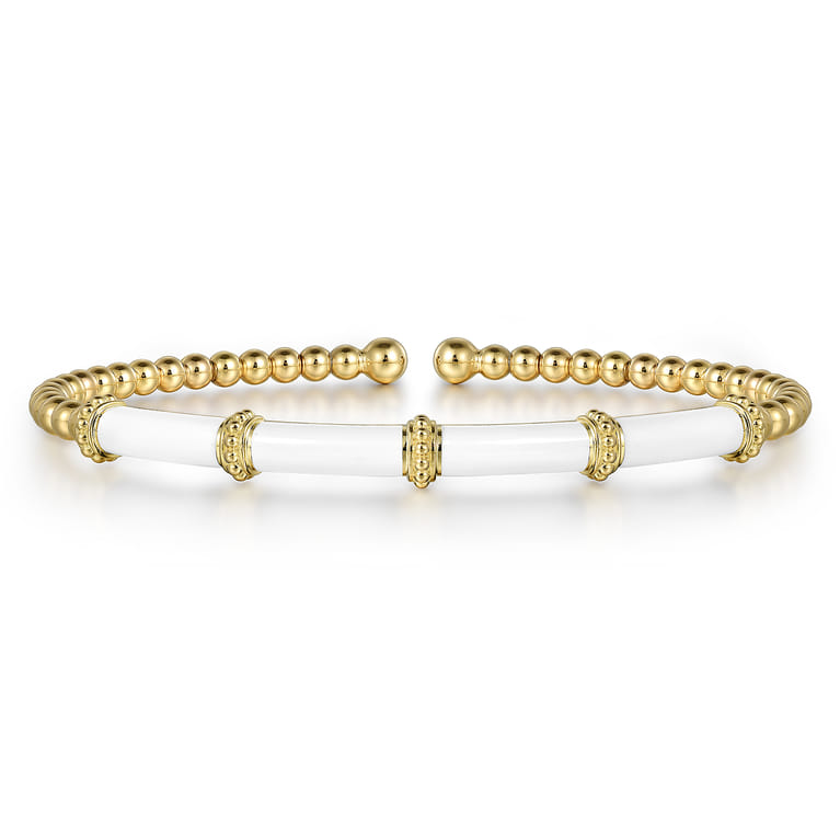 Enamel - 14K Yellow Gold Bujukan and Bar Split Bangle with White Enamel - Shot 1
