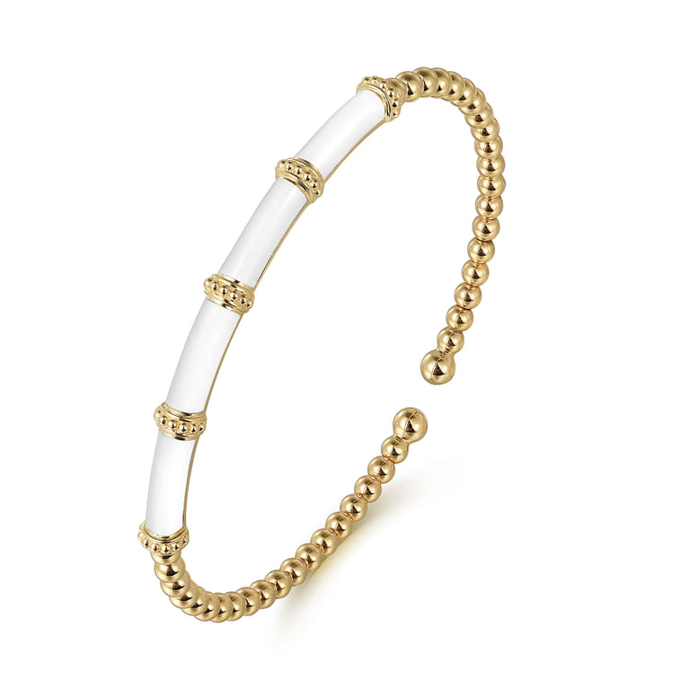Enamel - 14K Yellow Gold Bujukan and Bar Split Bangle with White Enamel - Shot 2