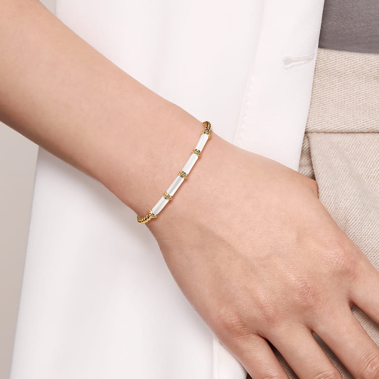 Enamel - 14K Yellow Gold Bujukan and Bar Split Bangle with White Enamel - Shot 4
