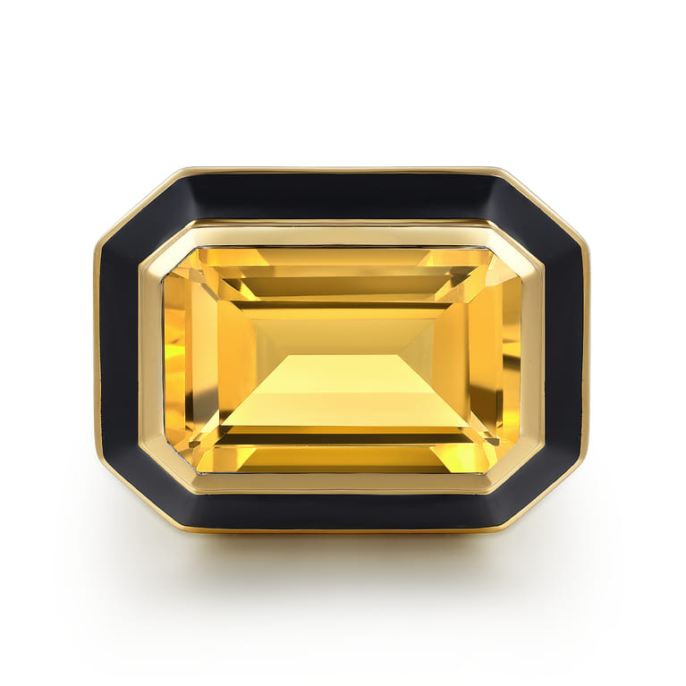 Enamel - 14K Yellow Gold Citrine Cocktail Ring with Black Enamel - Shot 1