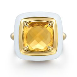 Enamel - 14K Yellow Gold Citrine Cocktail Ring with White Enamel
