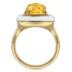 Enamel - 14K Yellow Gold Citrine Cocktail Ring with White Enamel