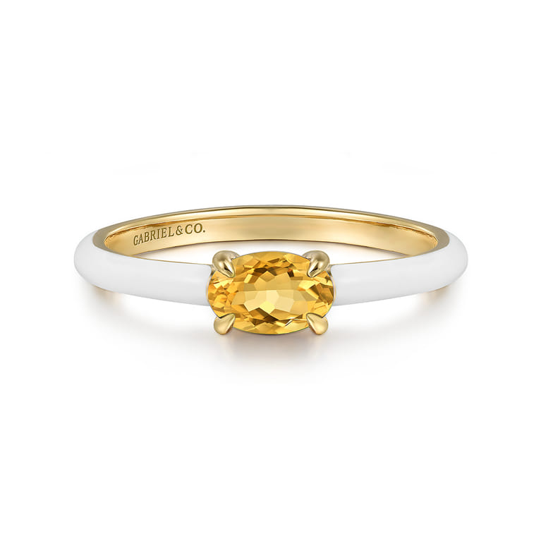 Enamel - 14K Yellow Gold Citrine Cocktail Stackable with White Enamel - Shot 1
