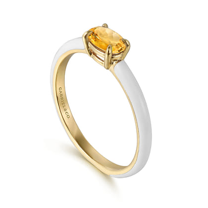 Enamel - 14K Yellow Gold Citrine Cocktail Stackable with White Enamel