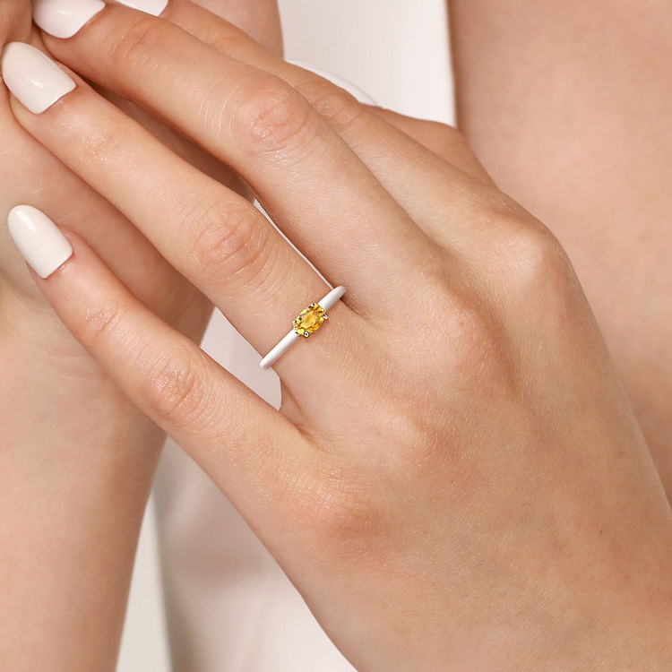 Enamel - 14K Yellow Gold Citrine Cocktail Stackable with White Enamel