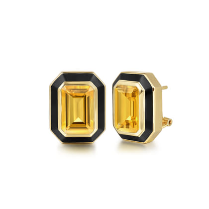 Enamel - 14K Yellow Gold Citrine Earrings with Black Enamel