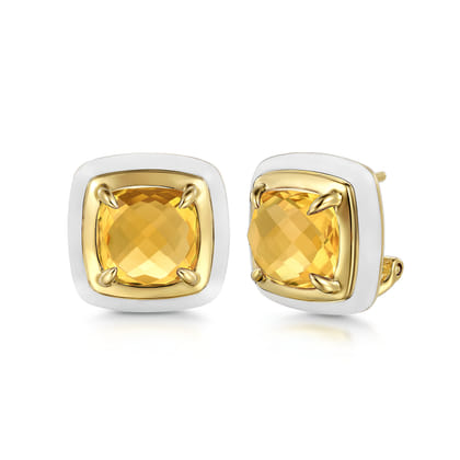 Enamel - 14K Yellow Gold Citrine Earrings with White Enamel