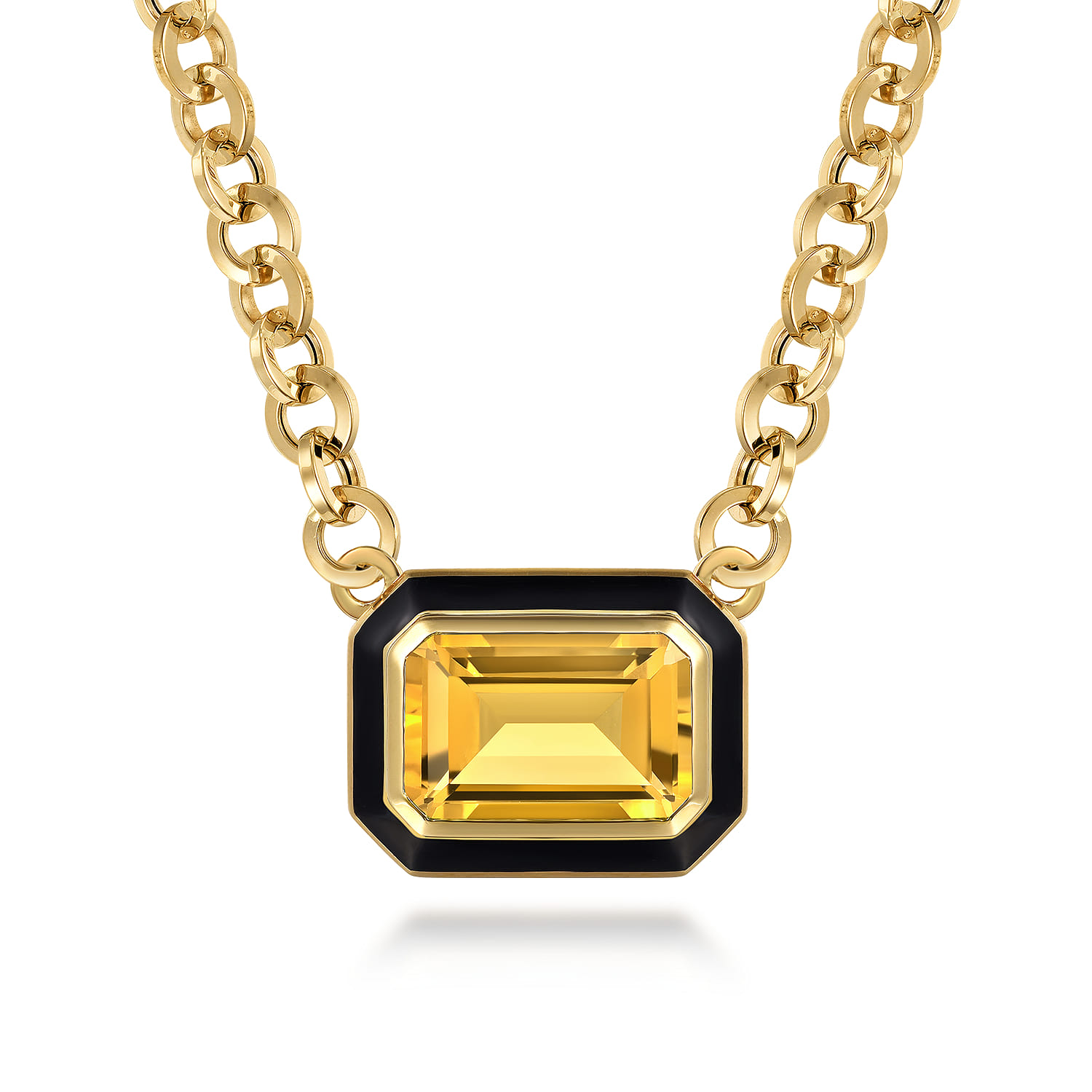 Enamel - 14K Yellow Gold Citrine Necklace With Flower Pattern J-Back and Black Enamel - Shot 1