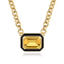 Enamel - 14K Yellow Gold Citrine Necklace With Flower Pattern J-Back and Black Enamel