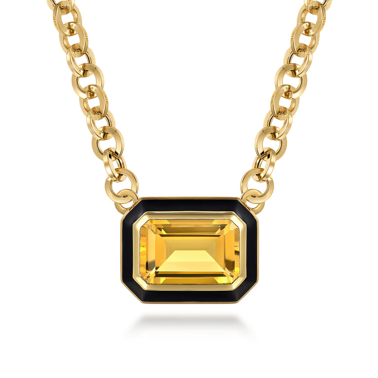 Enamel - 14K Yellow Gold Citrine Necklace With Flower Pattern J-Back and Black Enamel - Shot 1