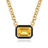 Enamel - 14K Yellow Gold Citrine Necklace With Flower Pattern J-Back and Black Enamel