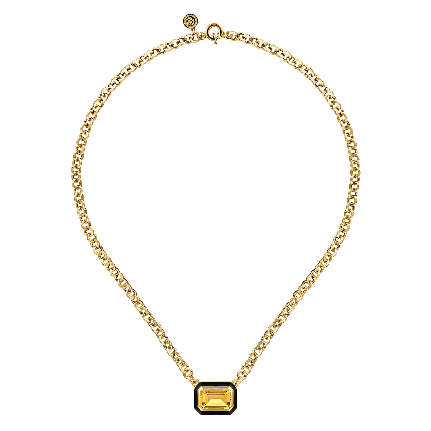 Enamel - 14K Yellow Gold Citrine Necklace With Flower Pattern J-Back and Black Enamel - Shot 2