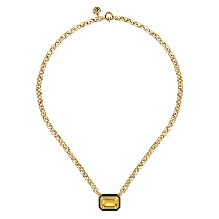 Enamel - 14K Yellow Gold Citrine Necklace With Flower Pattern J-Back and Black Enamel - Shot 2