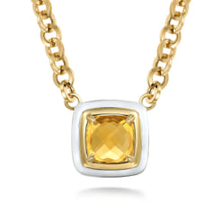 Enamel - 14K Yellow Gold Citrine Necklace With Flower Pattern J-Back and White Enamel