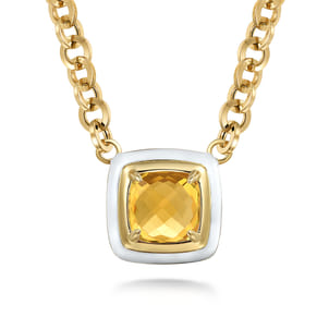 Enamel - 14K Yellow Gold Citrine Necklace With Flower Pattern J-Back and White Enamel