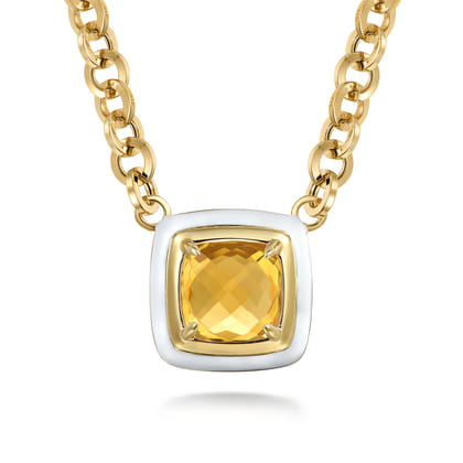 Enamel - 14K Yellow Gold Citrine Necklace With Flower Pattern J-Back and White Enamel