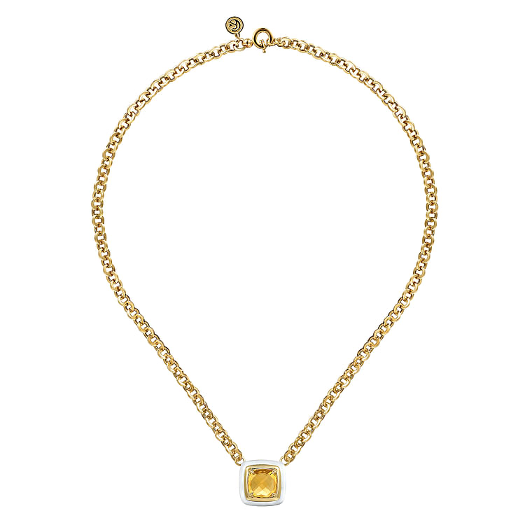 Enamel - 14K Yellow Gold Citrine Necklace With Flower Pattern J-Back and White Enamel