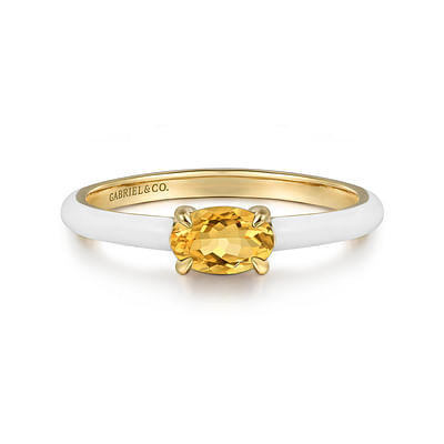 Enamel - 14K Yellow Gold Citrine Stackable Ring with White Enamel