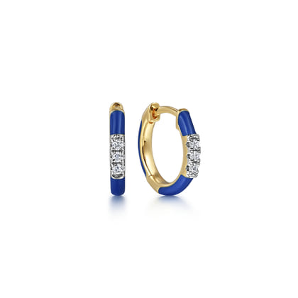 Enamel - 14K Yellow Gold Classic Diamond Huggies with Admiral Blue Enamel