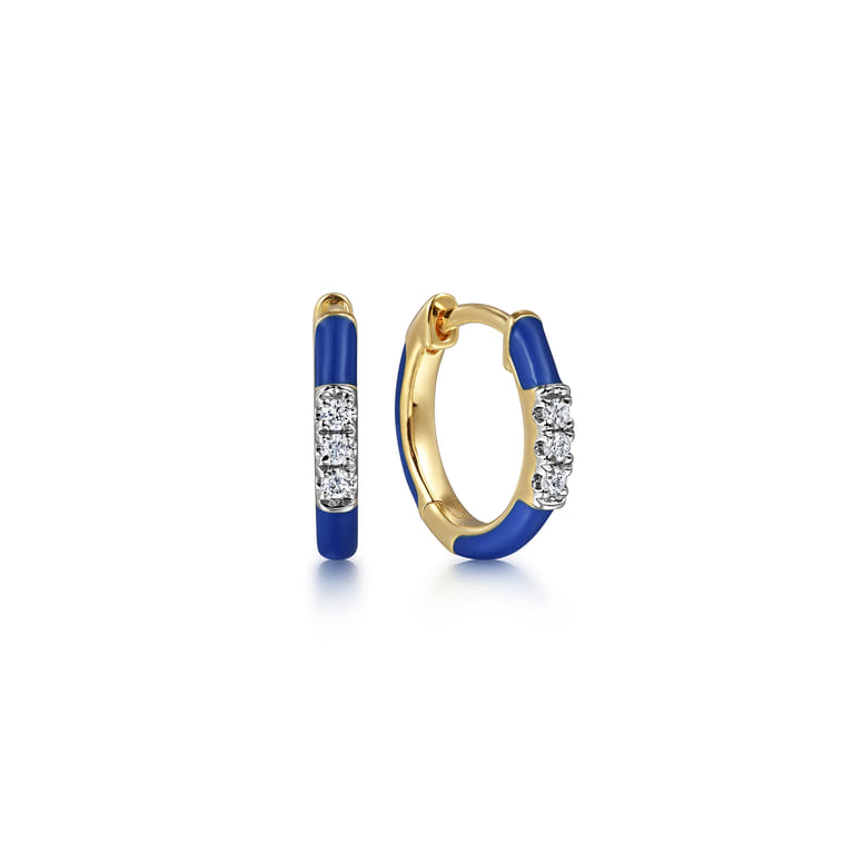 Enamel - 14K Yellow Gold Classic Diamond Huggies with Admiral Blue Enamel - 0.08 ct - Shot 1