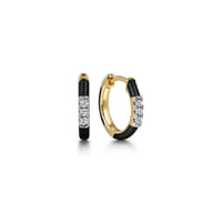 Enamel - 14K Yellow Gold Classic Diamond Huggies with Black Enamel