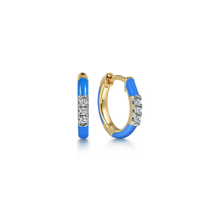 Enamel - 14K Yellow Gold Classic Diamond Huggies with Blue Enamel