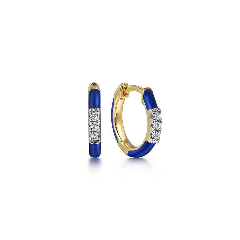 Enamel - 14K Yellow Gold Classic Diamond Huggies with Chrome Blue Enamel - 0.08 ct - Shot 1
