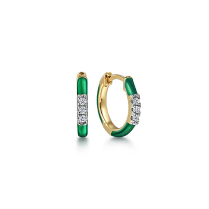 Enamel - 14K Yellow Gold Classic Diamond Huggies with Chrome Green Enamel