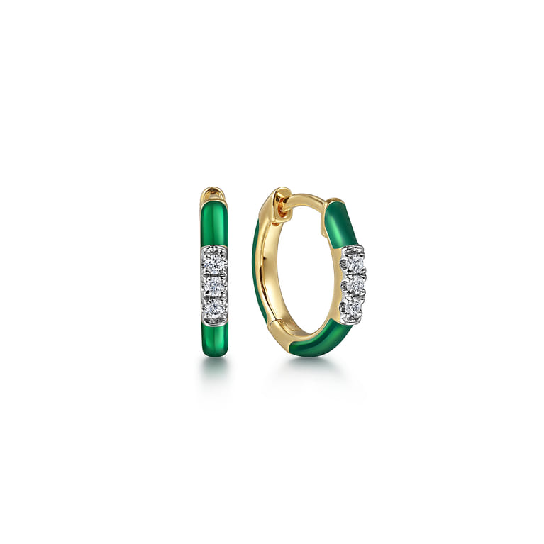 Enamel - 14K Yellow Gold Classic Diamond Huggies with Chrome Green Enamel - 0.08 ct - Shot 1