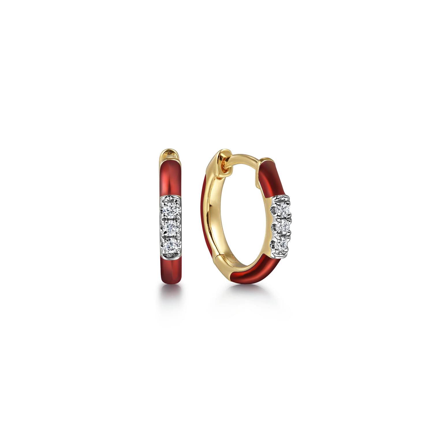 Enamel - 14K Yellow Gold Classic Diamond Huggies with Chrome Red Enamel - 0.08 ct - Shot 1