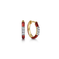 Enamel - 14K Yellow Gold Classic Diamond Huggies with Chrome Red Enamel